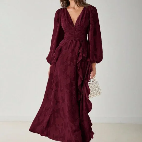 Burgundy Elegant Women's V-Neck Lantern Sleeve Flounce Hem Maxi Dress - Picture 6 of 8